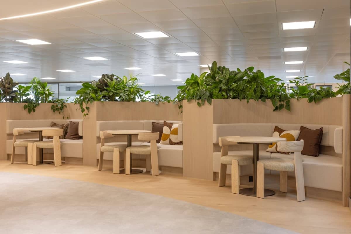 wooden seating booths with planting behind