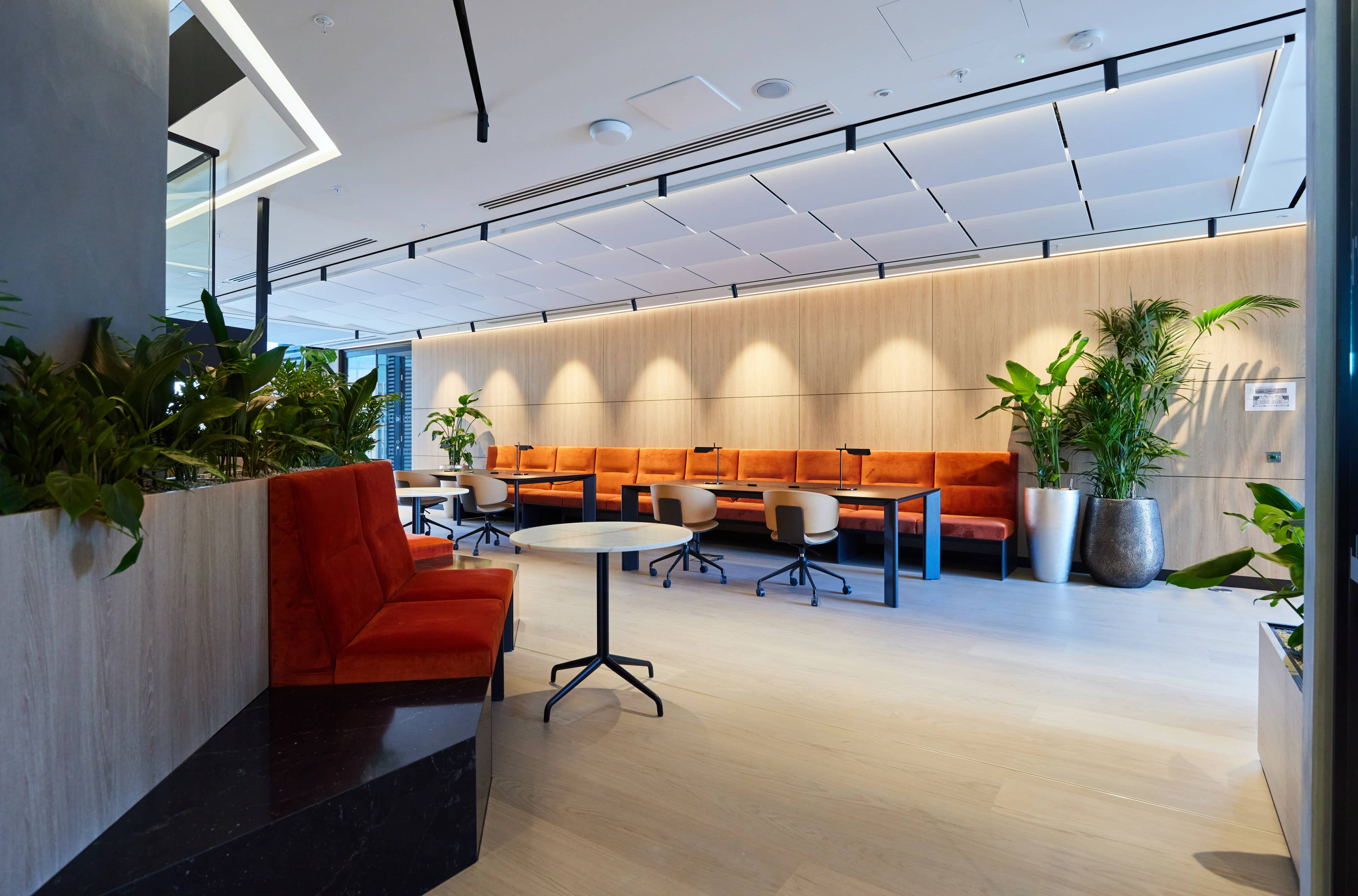 Modern office lounge with orange sofas, round tables, swivel chairs, and large potted plants under ceiling lights and wooden paneled walls.