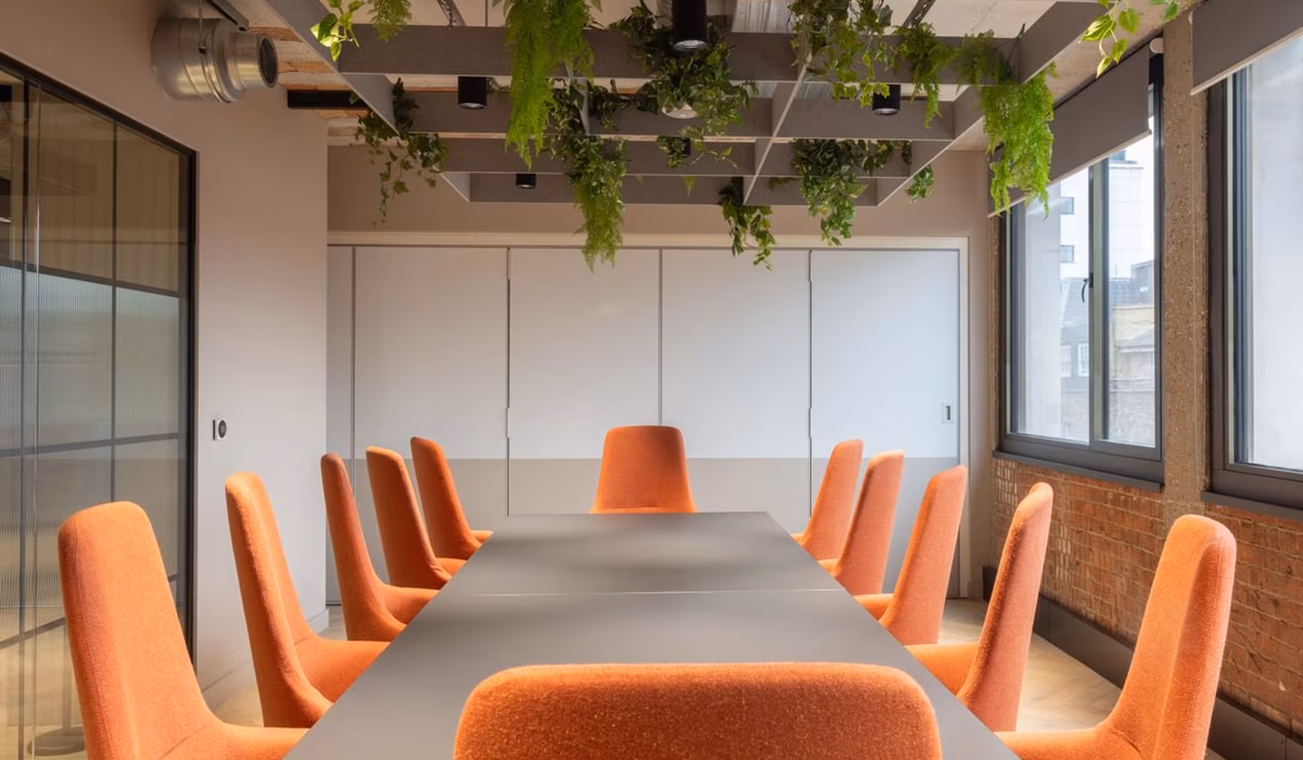 an office boardroom, with a hanging set of plants above the table