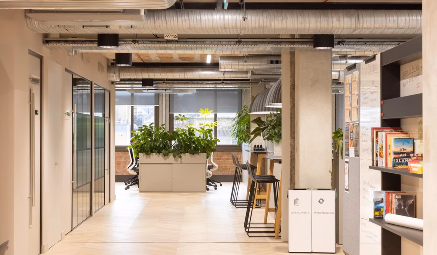 A long hallway in an office, with tall, structural planting at the desktop at the back